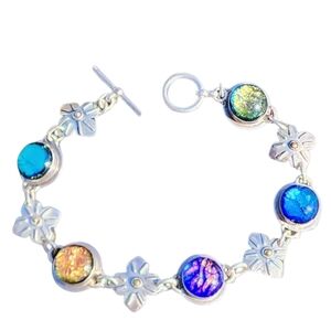 Signed Sterling Silver Dichroic Glass Toggle Bracelet Flowers Cabochon Vintage